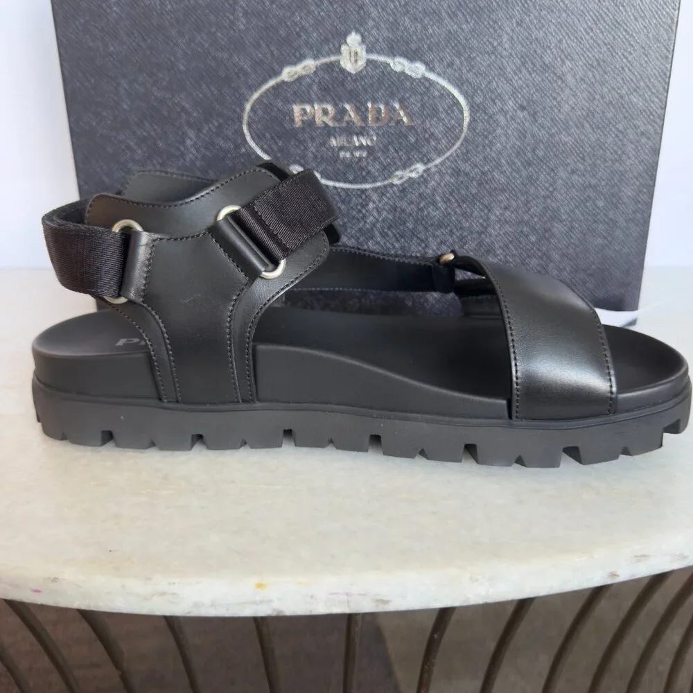 Prada‎ Nastro Black Canvas and Leather Tape Men's Sandal, 10.5 - - 2x3055